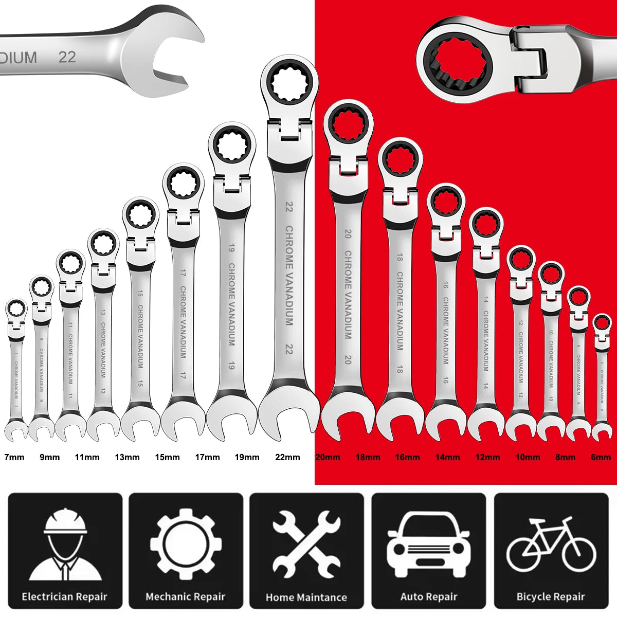 12/14/16/17pcs Flex-Head Ratchet Wrench Set, 6-26mm, 72 Teeth, Cr-V Constructed Combination Ended Span Kit with With Rolling Pou