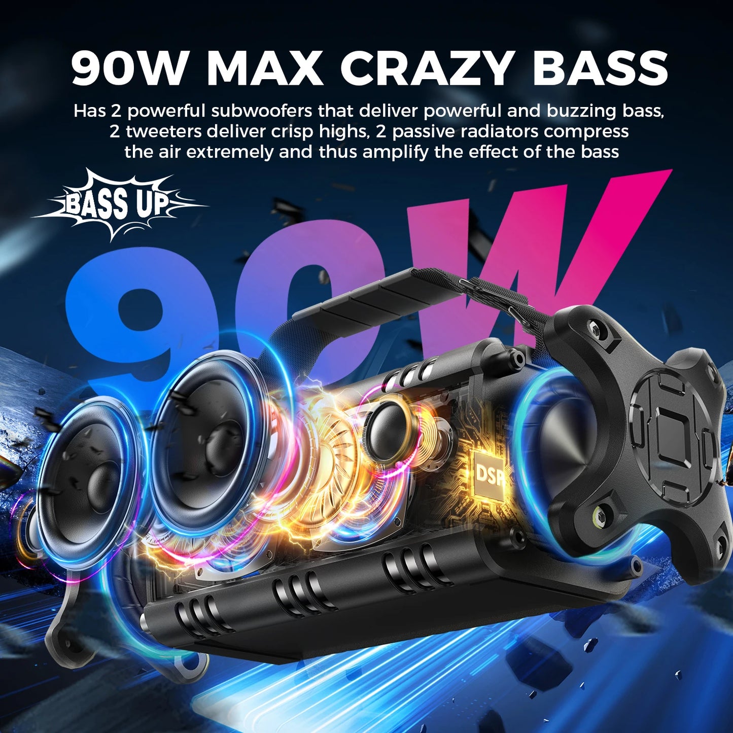 W-KING Bluetooth Speaker, 90W Peak 50W RMS IPX6 Waterproof Loud Speakers Bluetooth Wireless, Large Outdoor Portable Speaker