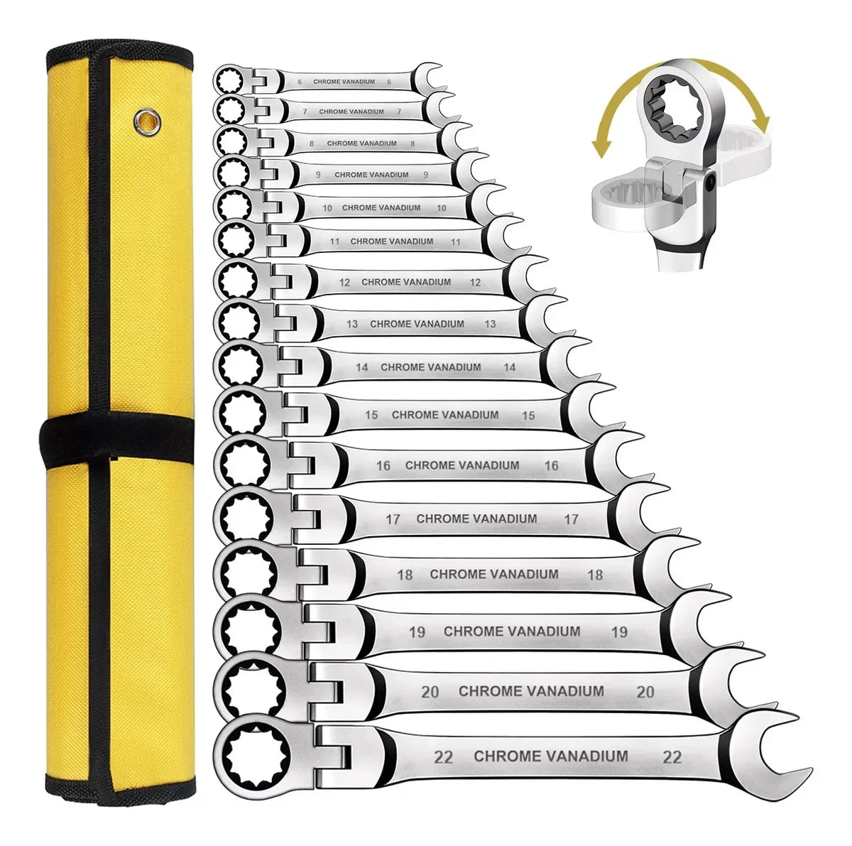 12/14/16/17pcs Flex-Head Ratchet Wrench Set, 6-26mm, 72 Teeth, Cr-V Constructed Combination Ended Span Kit with With Rolling Pou